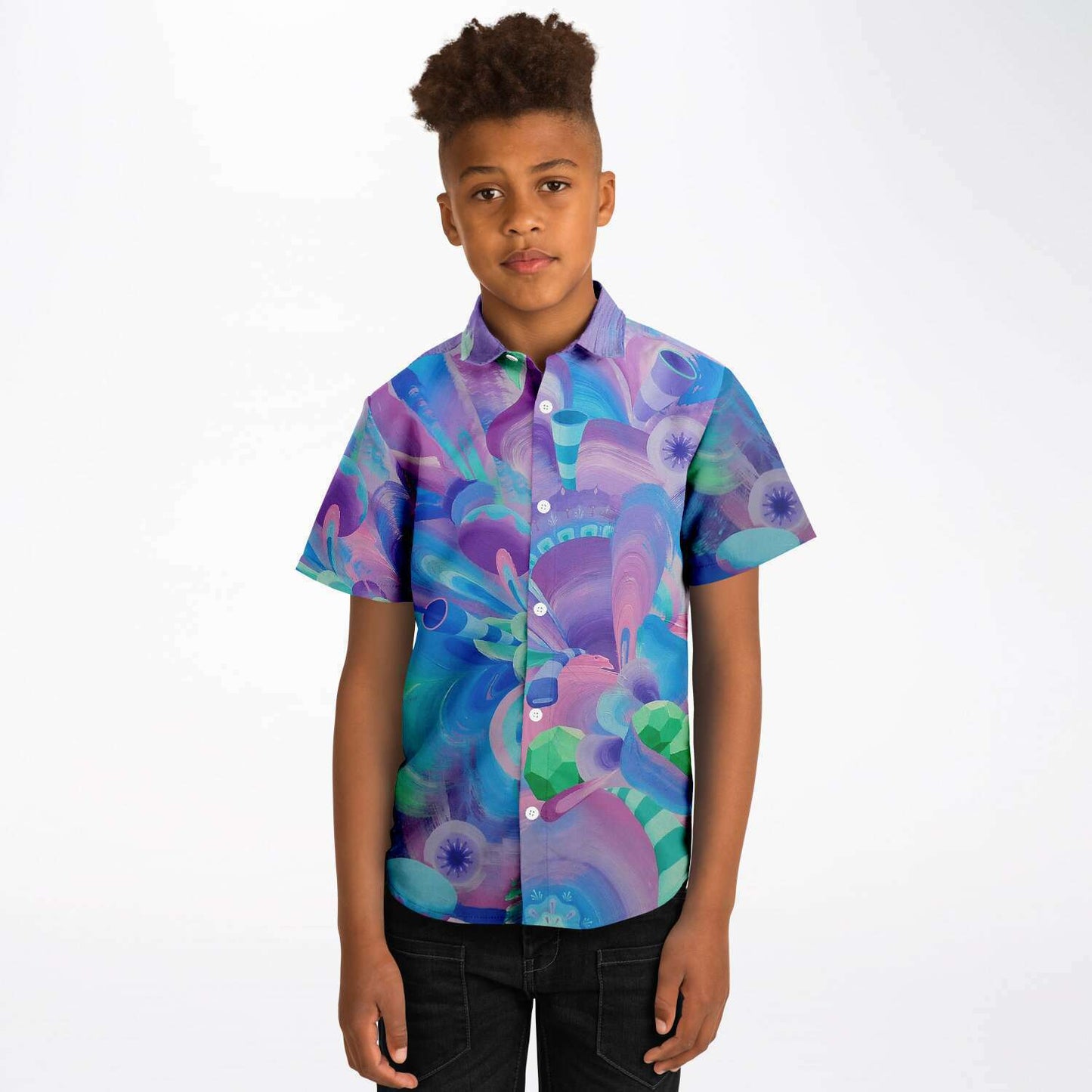 Purple Pupil Eater Kid's Short Sleeve Button Down Shirt