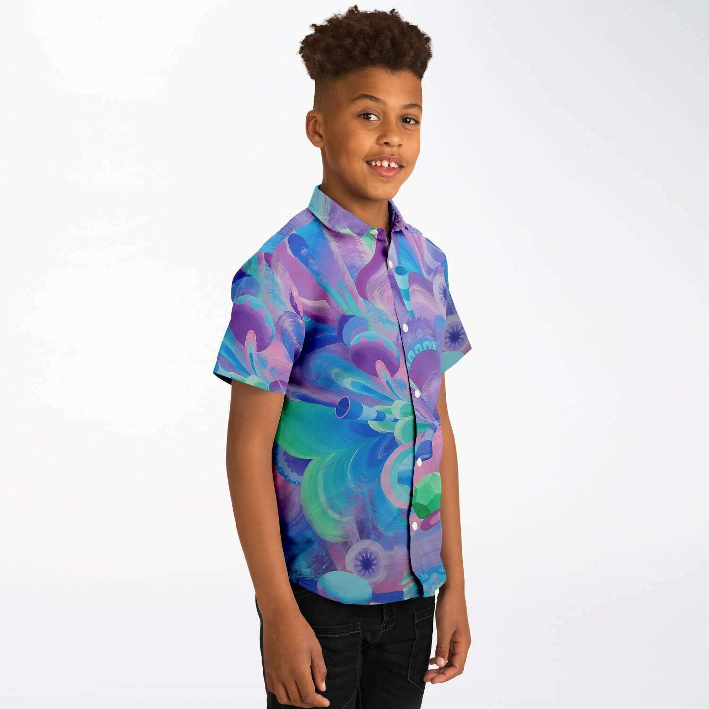 Purple Pupil Eater Kid's Short Sleeve Button Down Shirt